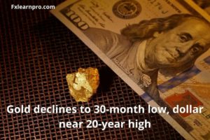 Gold declines to 30-month low, dollar near 20-year high