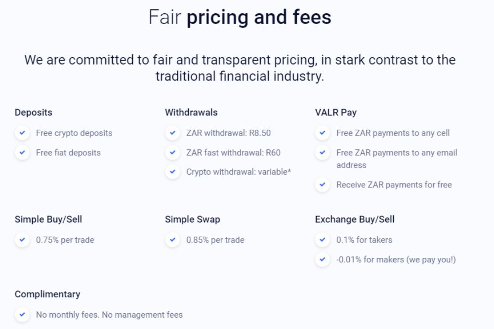 Valr Trading, Deposit and Withdrawal Fee 