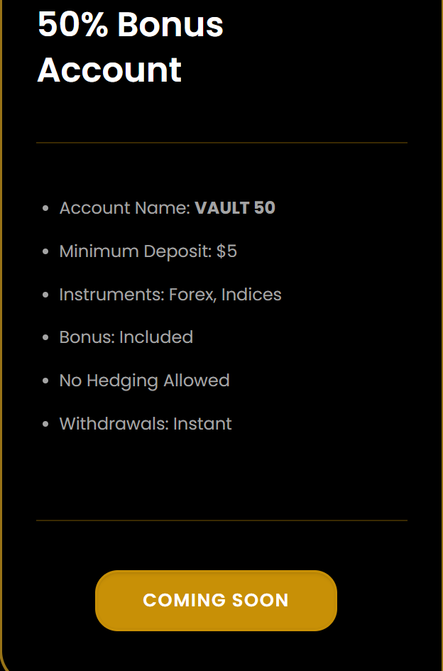 Vaultmarkets 50% Bonus account