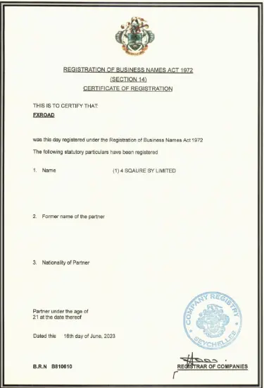 FX road's Certificate of registration